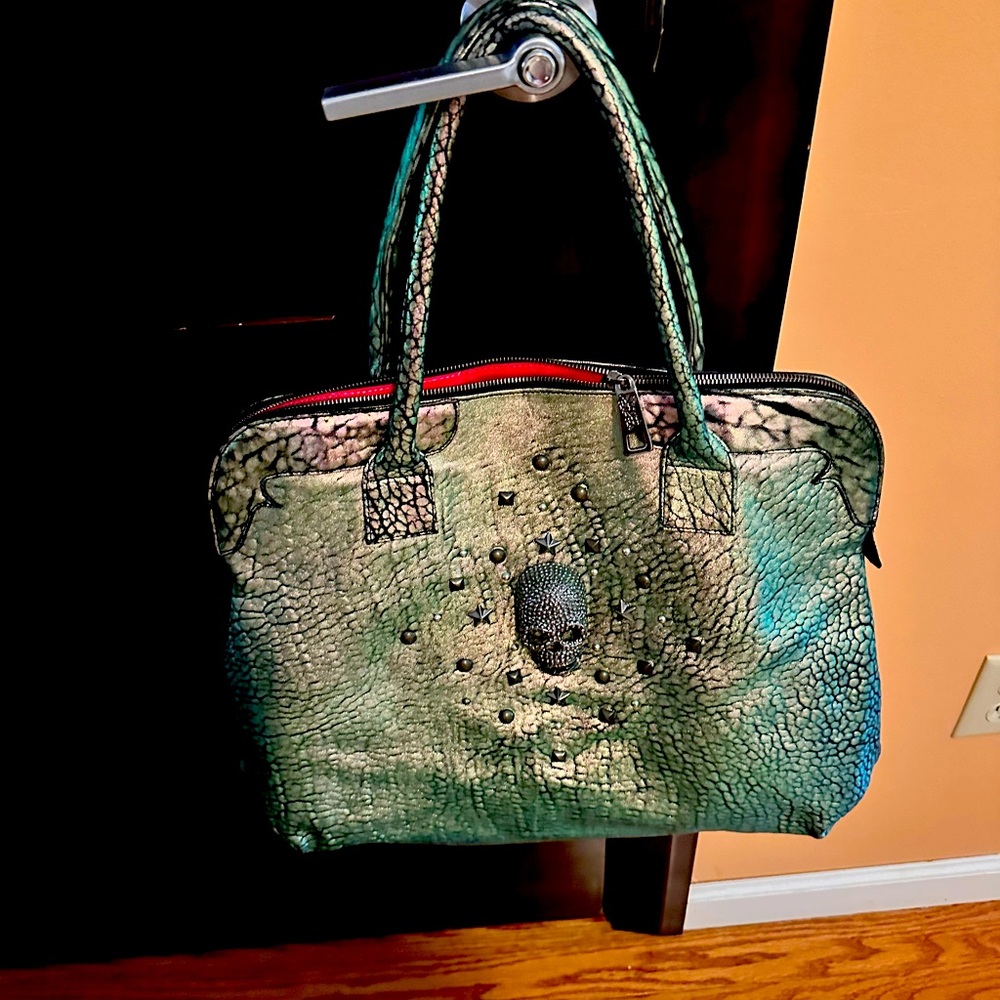 One of a kind Italian leather handbag with skull